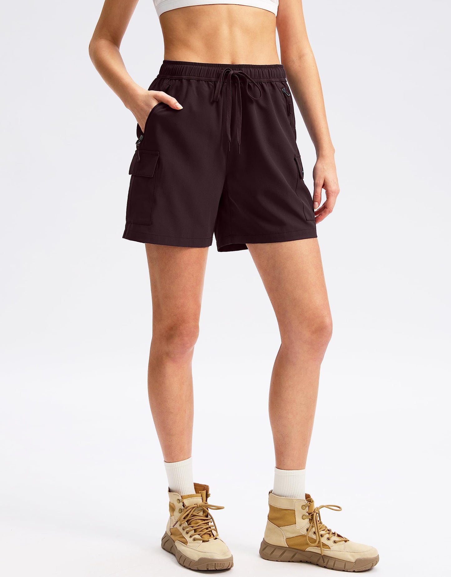 SANTINY Women's 5''/ 7''/9'' Hiking Cargo Shorts Quick Dry Lightweight Summer Shorts for Women Athletic Golf Zipper Pockets(Wine_L)