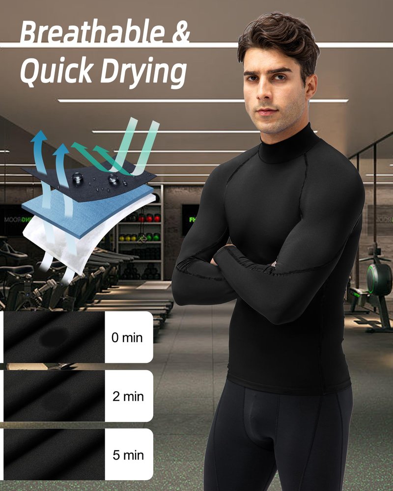 LWISMIL Black Compression Shirt Men Turtle Neck Dry Cool Workout Athletic Base Layer Undershirt for Football Running Basketball