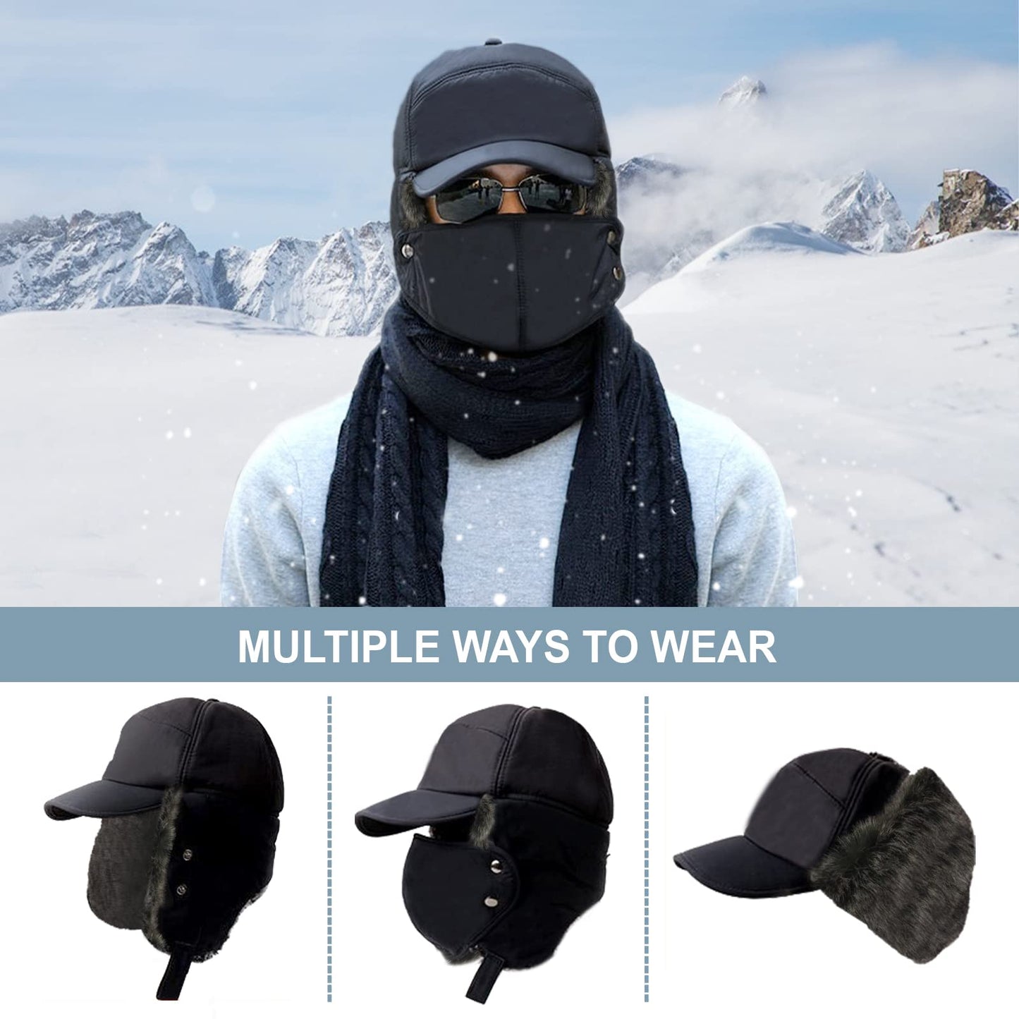 Phaiy Trapper Hat for Men Women, Winter Hats with Ear Flaps, Full Face Windproof Mask Baseball Cap with Faux Fur Lined, Keeping Warm While Skating, Skiing Other Outdoor Activities Black