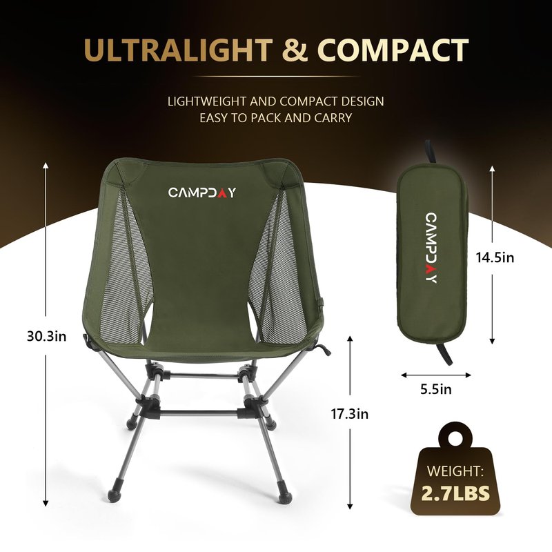 Campday Camping Chair Portable Hiking Ultralight Backpacking Small Lightweight Folding Chair for Outdoor Camp Hunting Beach Picnic Concert, Supports 330lbs (Black,1PCS)