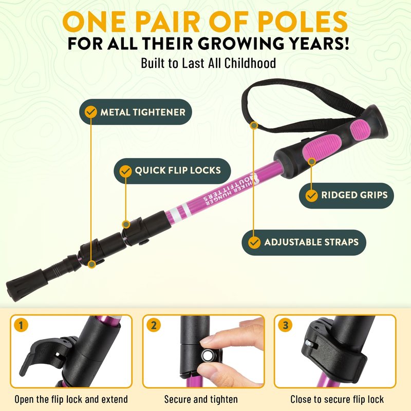 Kids Hiking Poles by USA Brand - Lightweight Collapsible Kids Walking Stick w/Quick Adjustable Flip Locks (Pink)