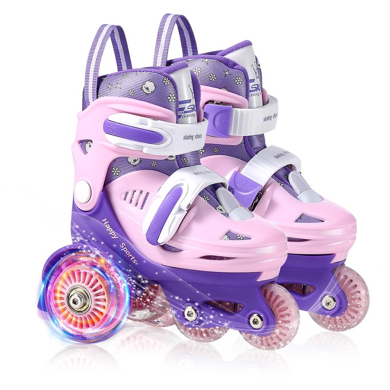 Toddler Roller Skates, 4 Adjustable Sizes, Light-up Wheels, Safety Three-Point Balance, Beginner Skates for Ages 3-8 Girls Boys Kids, Suitable Indoor & Outdoor Use (Pink&Purple, S-Small(11C-1Y US))