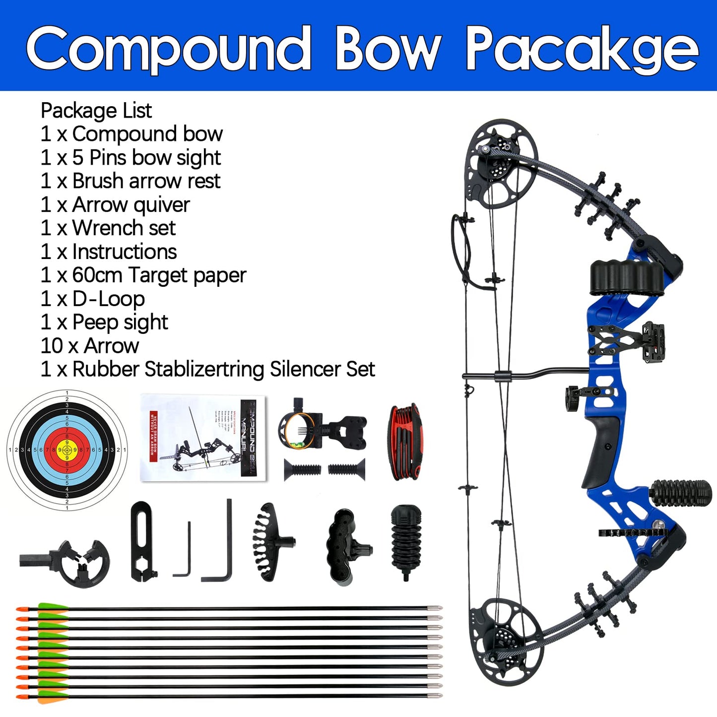 WUXLISTY Youth Compound Bow Set 15-45 Lbs for Teens and Beginner, Package with Archery Hunting Equipment, 5 Pin Sight, Max Speed 320fps, Adjustable, Right Hand, Blue