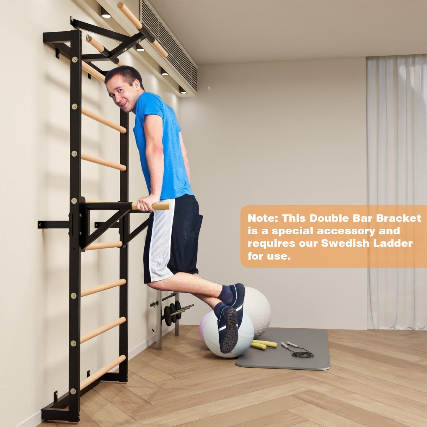 Gsskny Adjustable Dip Bar Attachment for Swedish Ladder | Non-Slip Double-Bar Handles | Heavy Duty Parallel Bars | Quick-Install Dip Bars Height & Width Adjustable, Only Dip Bar Attachment