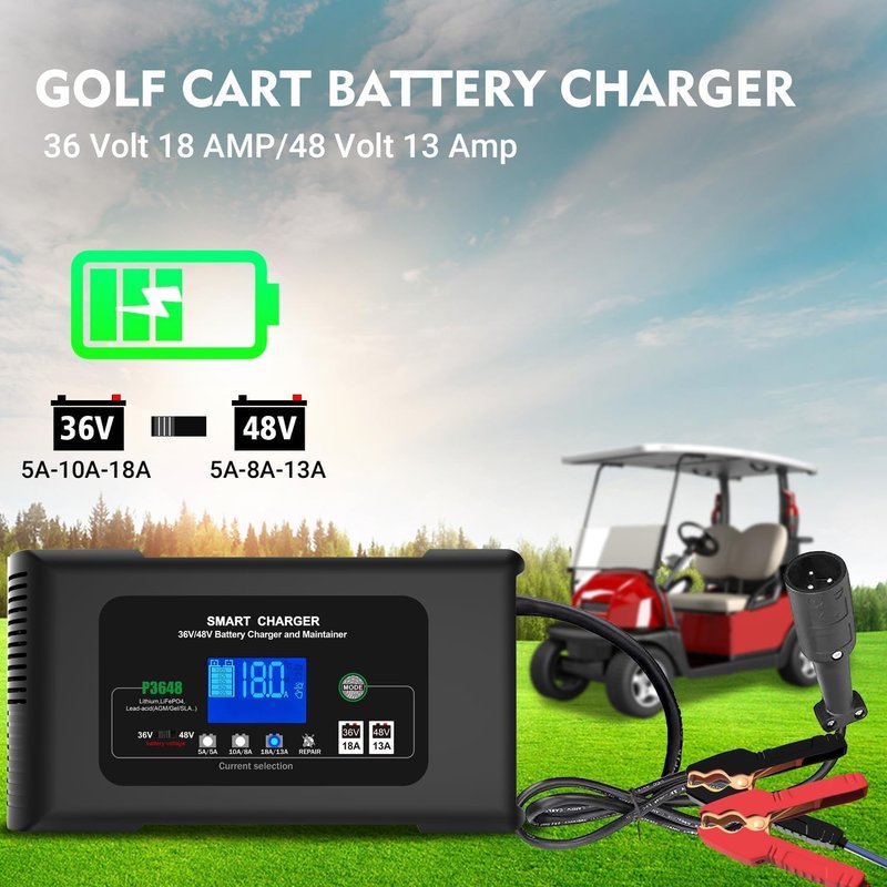 48 Volt Golf Cart Charger with Club Car 3-Pin Round Plug for 48V Lead Acid and Lithium Lifepo4 Battery