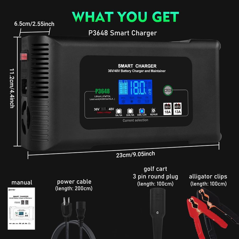 Golf Cart Battery Charger, 36 Volt 18 AMP/48 Volt 13 Amp Large Screen Golf Cart Charger for Club Car Golf Carts with 3 Pin Round Plug, Lithium, LiFePO4, Lead-Acid AGM/Gel/SLA Smart Battery