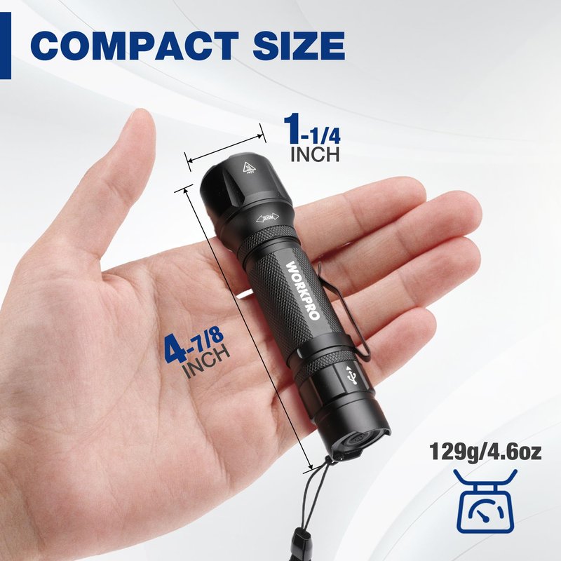 WORKPRO 1200LM Rechargeable Tactical Flashlight, EDC Mini Flashlight, Pocket Flashlight with Clip & Lanyard, 7 Light Modes, Zoomable Adjustable Focus, Includes Lithium Battery & Alkaline Battery