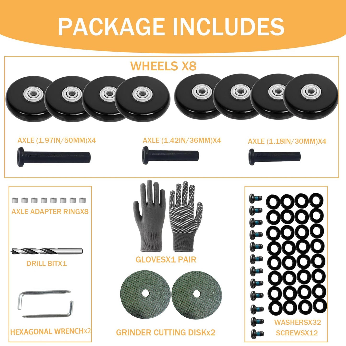 Luggage Suitcase Replacement Wheels 2.13inch(54mm) Diameter 8 Pcs 0.55inch(14mm) Thickness Wheel with 3 Sizes Axle Wear-Resistant Mute Rubber Swivel Caster Repair Kits for Trolley Bag Travel Box