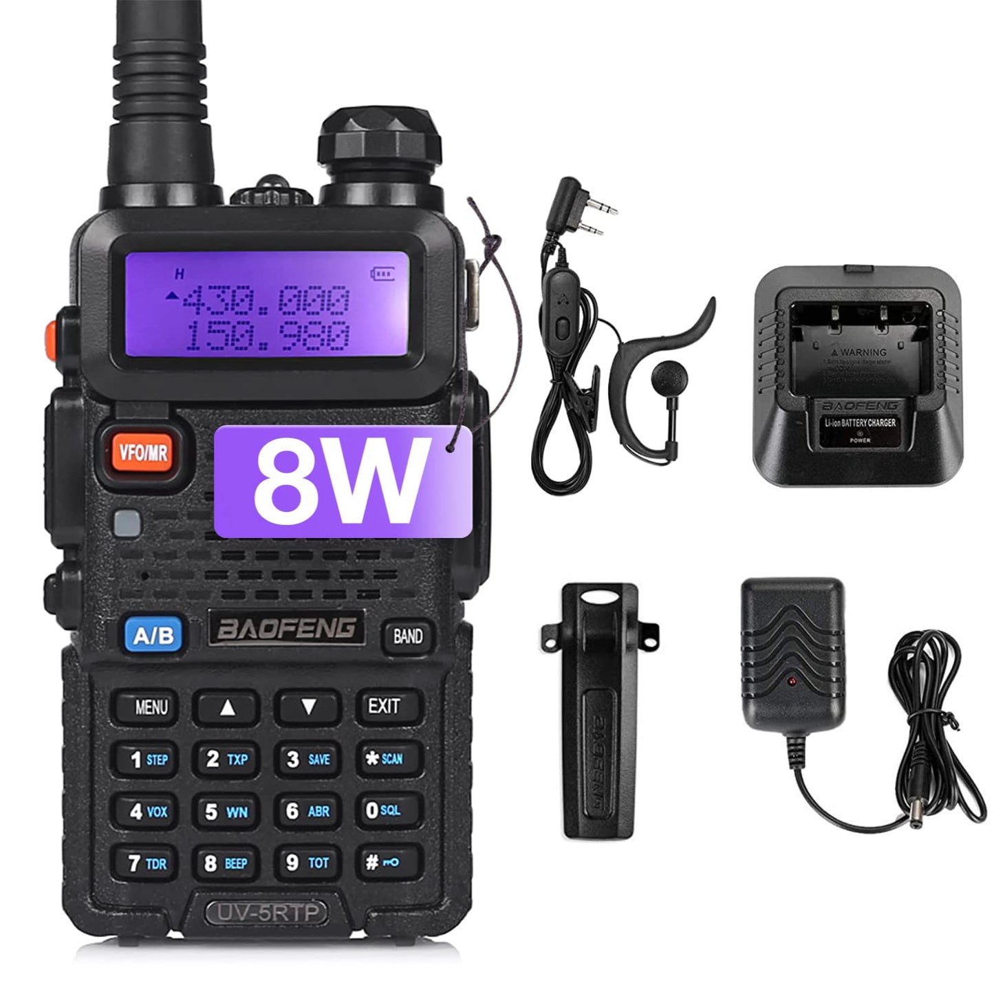 Baofeng UV-5R 8W Dual Band Two Way Radio, UV-5RTP Ham Radio Handheld with Earpiece, 1800mAh Battery, Desktop Charger, 128CH, Support VOX, Chirp Programming, Black