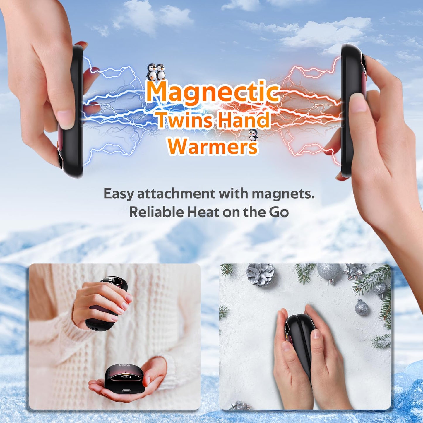 Hand Warmers Rechargeable - Magnetic Electric Hand Warmer 2 Pack, LED Display, 4 Settings Fast Heating Reusable Portable Heater Handwarmers for Golf Hunting Camping Essentials, Gifts for Men Women