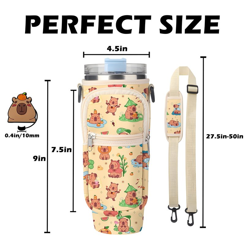 Denlei Capybara Print Stanley Cup Bag, Cup Holder for Stanley 40oz Tumbler with Handle, Stanley Carrier Bag with 4Pcs Capybara Straw Toppers for Stanley Cup Accessories