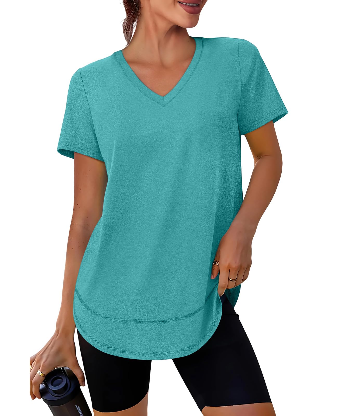 Oversized Tshirts for Women Dry Fit Plus Size Spring Clothes Summer Athletic Tops Workout Shirts V Neck Aqua 3XL