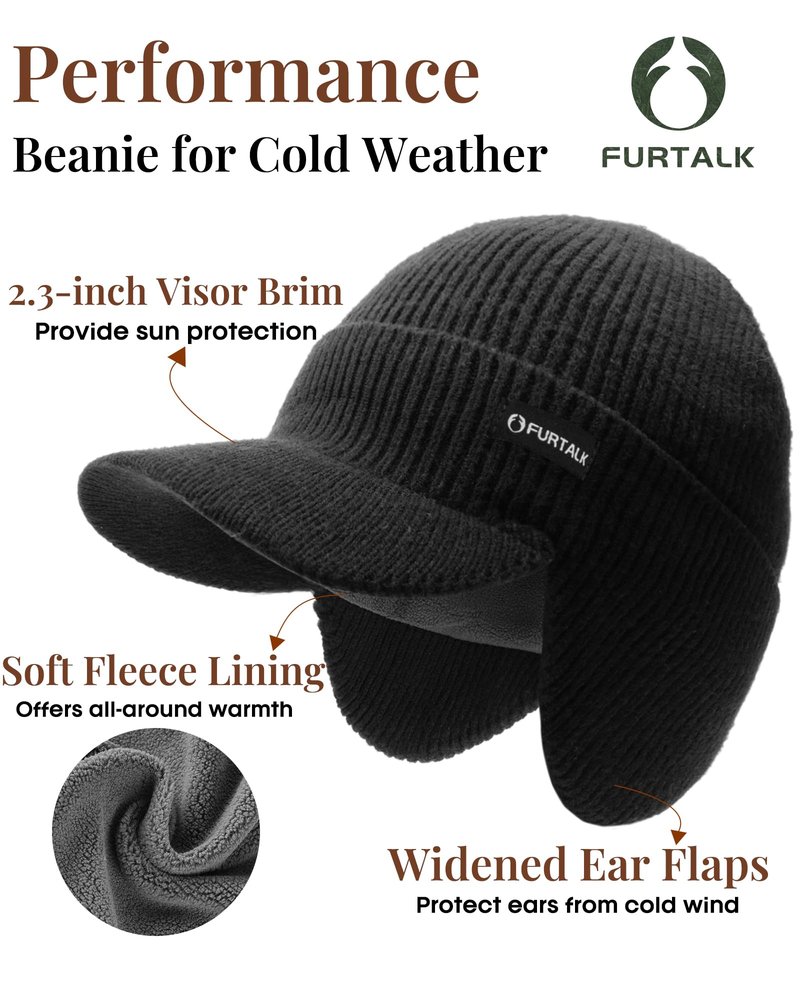 FURTALK Winter Beanie with Brim Fleece Lined and Ear Flaps Winter Hats for Men Women Warm Thermal Hat, Black