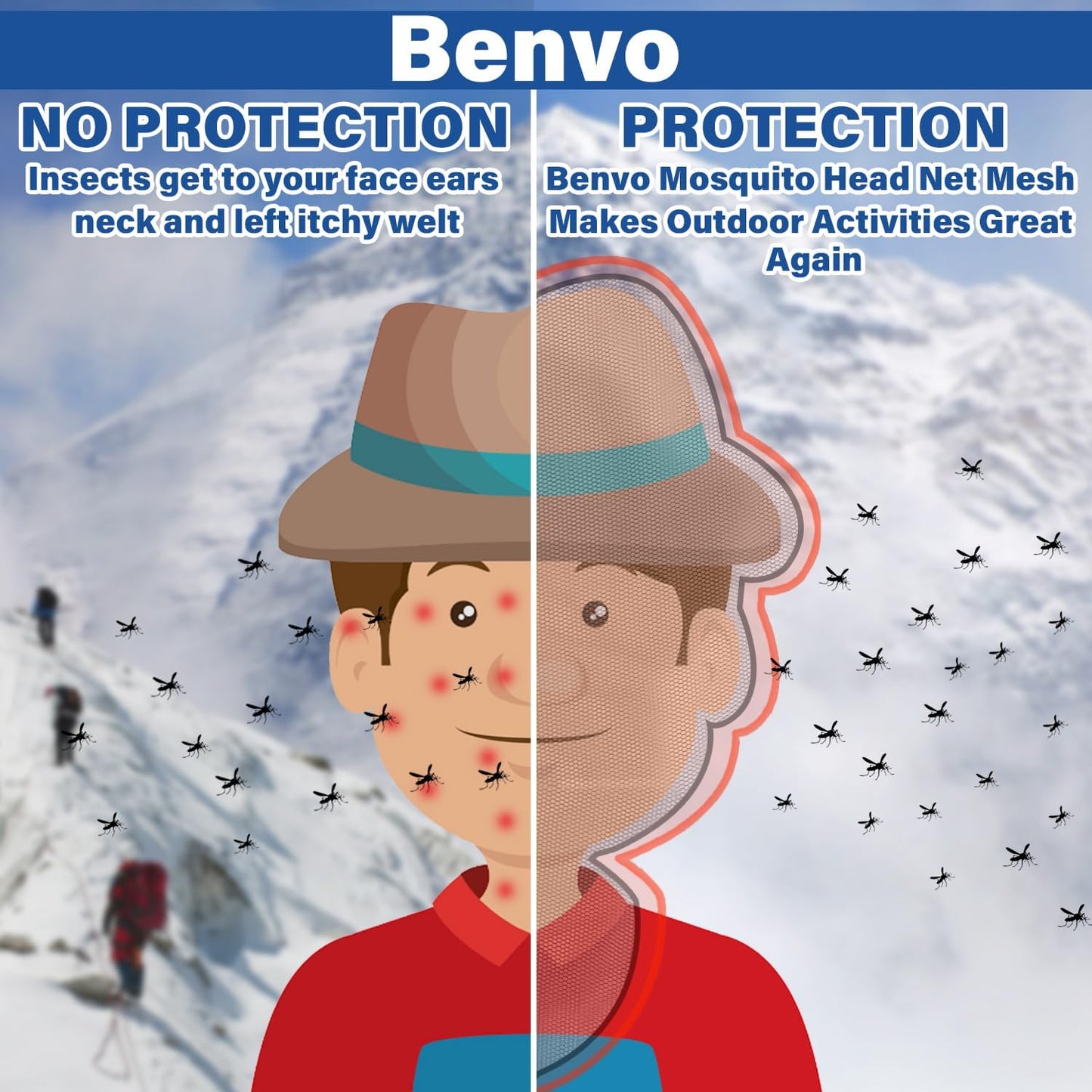 Benvo Mosquito Head Net - Mesh Face & Neck Insect Shield for Fishing, Camping | 2pcs, Grey, Upgraded Design
