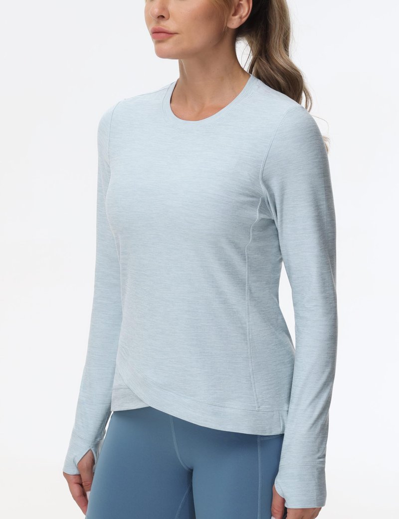 Women's Long Sleeve Compression Shirts Workout Tops Cross Hem Athletic Running Yoga T-Shirts with Thumb Hole Light Blue Heather