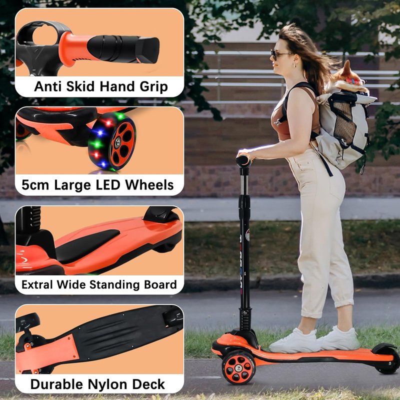 3-Wheel Kick Scooter for Kids & Teens | Extra Wide Deck, 4 Adjustable Heights, Foldable Handlebar, LED Lights