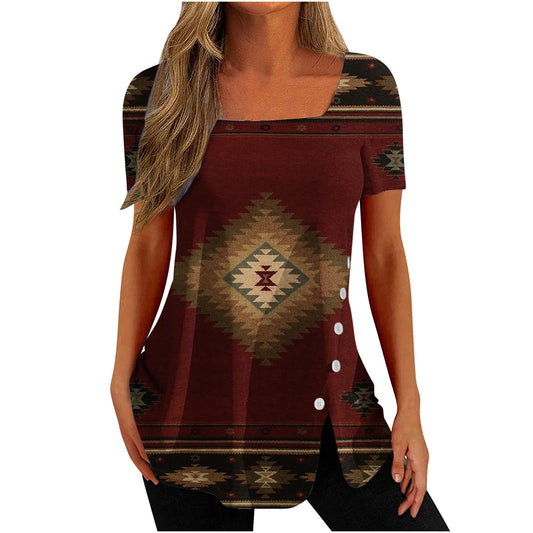 Generic Buy Again My Orders Square Neck Tops for Women Summer Vintage Aztec Geometric Graphic Tee Loose Casual Tshirt Short Sleeve Tunic Split Blouse for Leggings Western Shirt Ladies Gifts