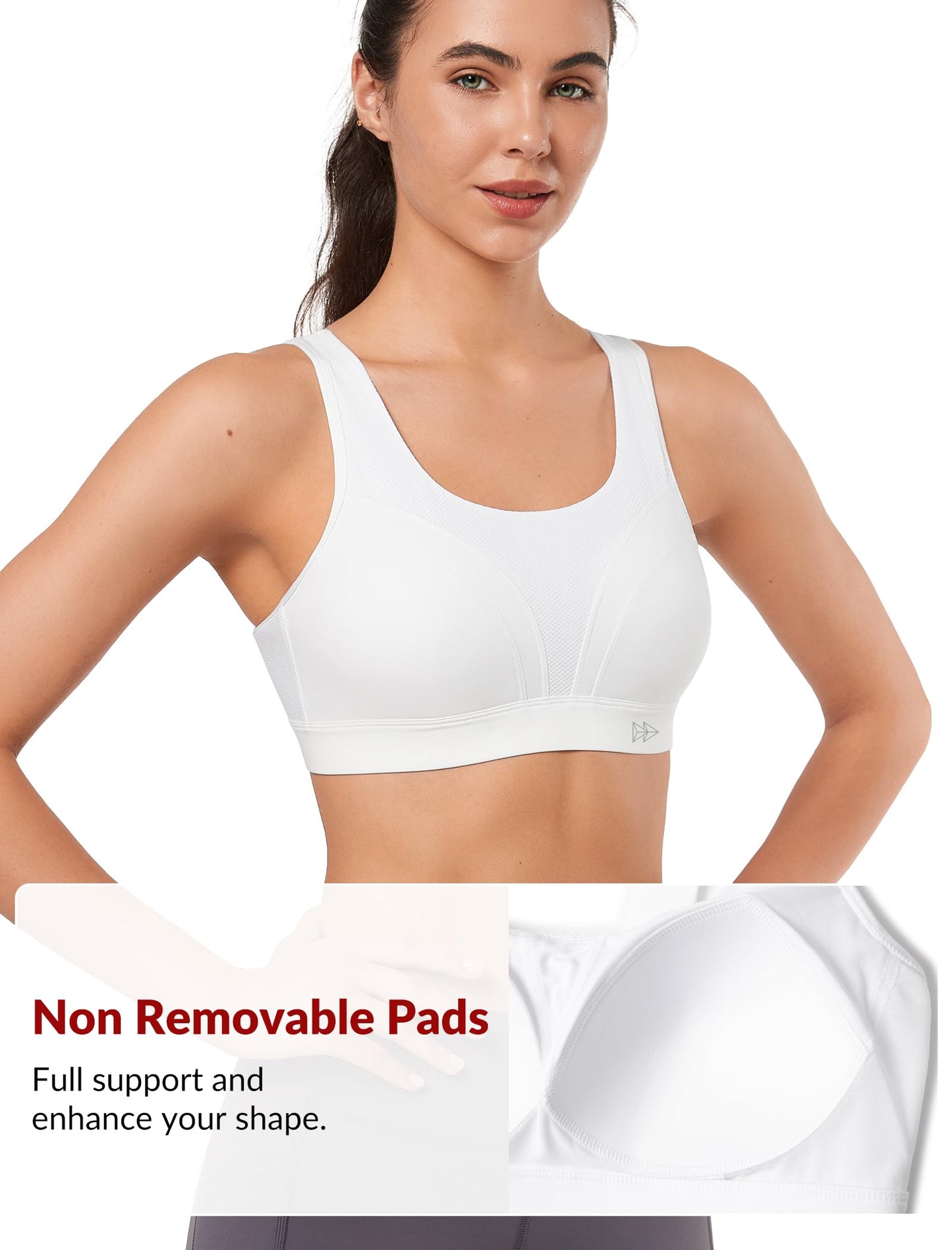 Yvette Supportive Adjustable Sports Bras for Women High Impact Support, Sewn-in Molded Cup Running Bra Large Bust No Bounce, Wireless Comfortable Workout HIIT with Hook & Eye Closure,White, M+
