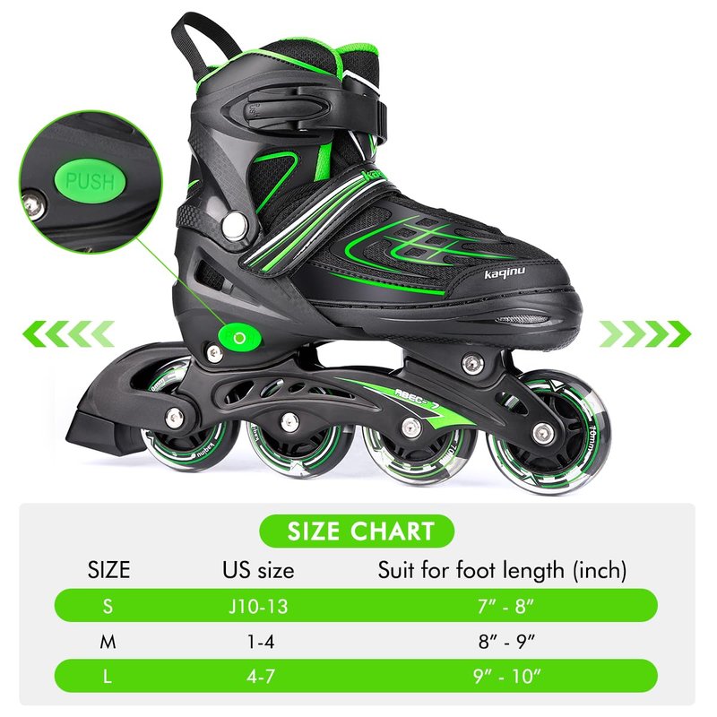 KAQINU Adjustable Inline Skates, Outdoor Inline Skates Roller with Full Illuminating Wheels for Women, Kids, Girls and Boys (Green, S)