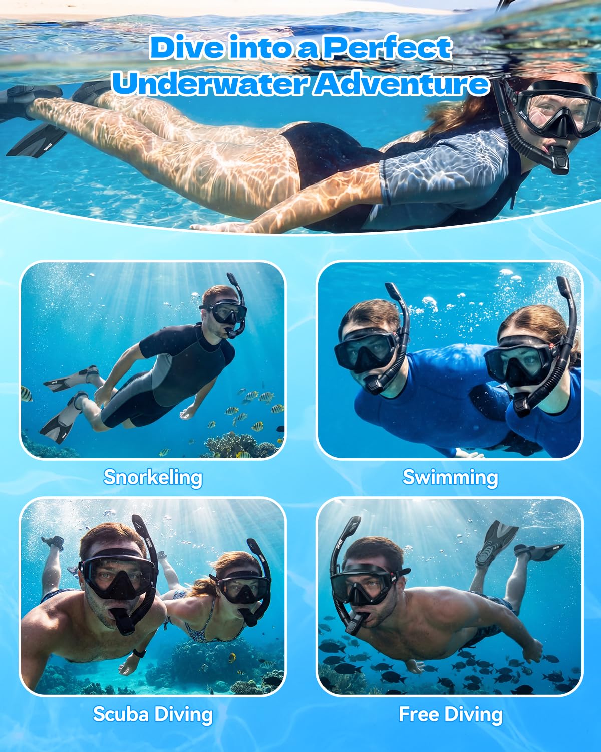 Aegend Snorkeling Gear for Adults Men Women: Anti-Fog Panoramic Mask Set, Adjustable Fins & Dry Top Snorkel – All-in-One Travel Snorkel Set for Swimming, Diving & Snorkeling (Dark Black, S/M)