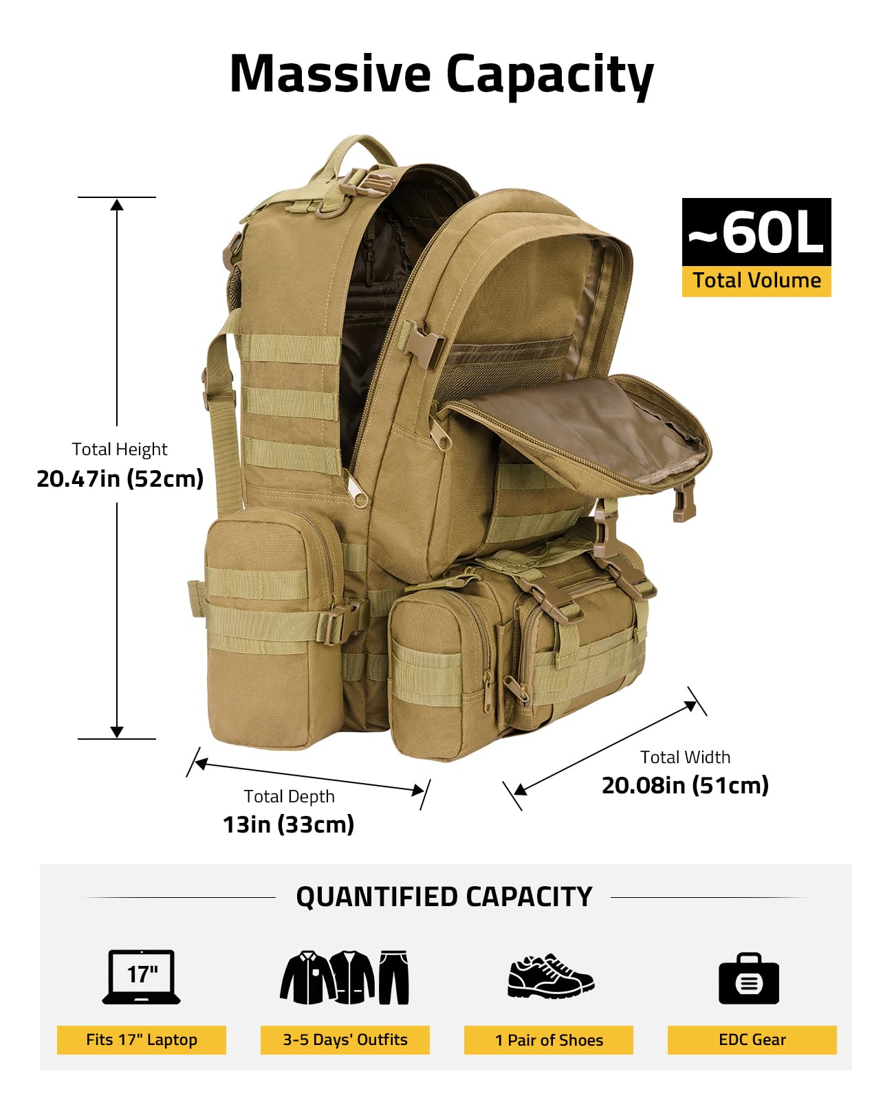 CVLIFE Tactical Backpack Military Army Rucksack 60L Large Assault Pack Detachable Molle Bag