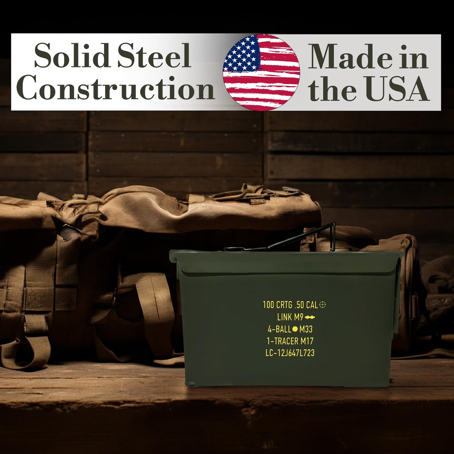 U.S. Military Issue 50 Cal Ammo Can (M2A1/M2A2), Solid Alloy Steel Storage Containers – Watertight & Airtight Army Ammo Box w/Hinged Lid, Locking Latch - Military Grade Ammo Cans Metal