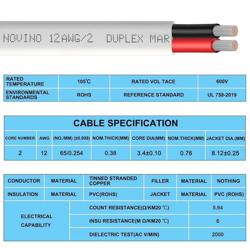 12 AWG Duplex Marine Wire - 100ft Tinned Copper Heavy Duty Electrical Cable for Boat, RV, Trailer
