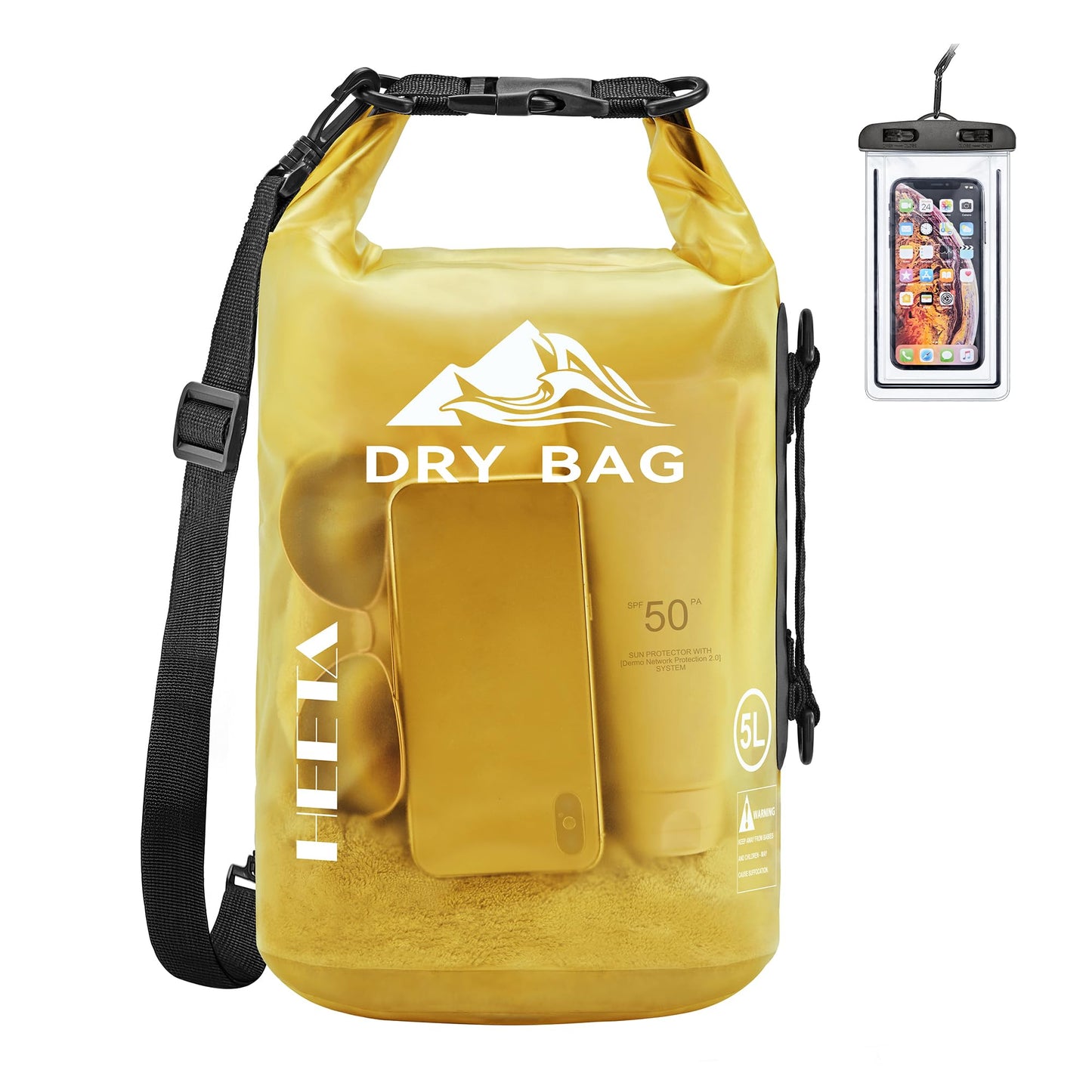 HEETA Dry Bag Waterproof for Women Men, Roll Top Lightweight Dry Storage Bag Backpack with Phone Case for Travel Swimming Boating Kayaking Paddle Board Camping Beach Accessories (Yellow, 30L)