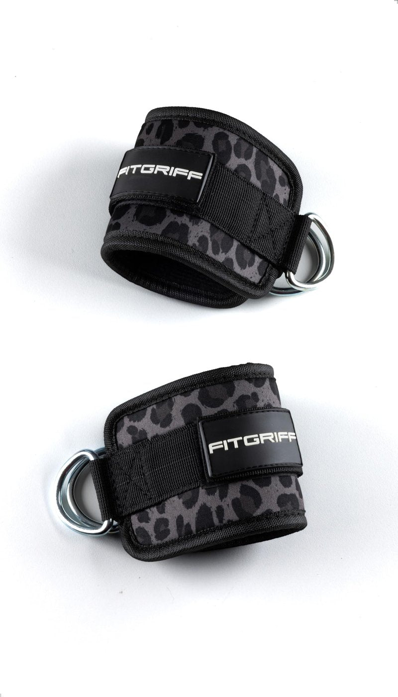 Fitgriff® Ankle Straps V1 for Cable Machine (2 Pieces) - Gym Workout Equipment - Leg Pulley Attachment, Kickback Straps (Leopard)
