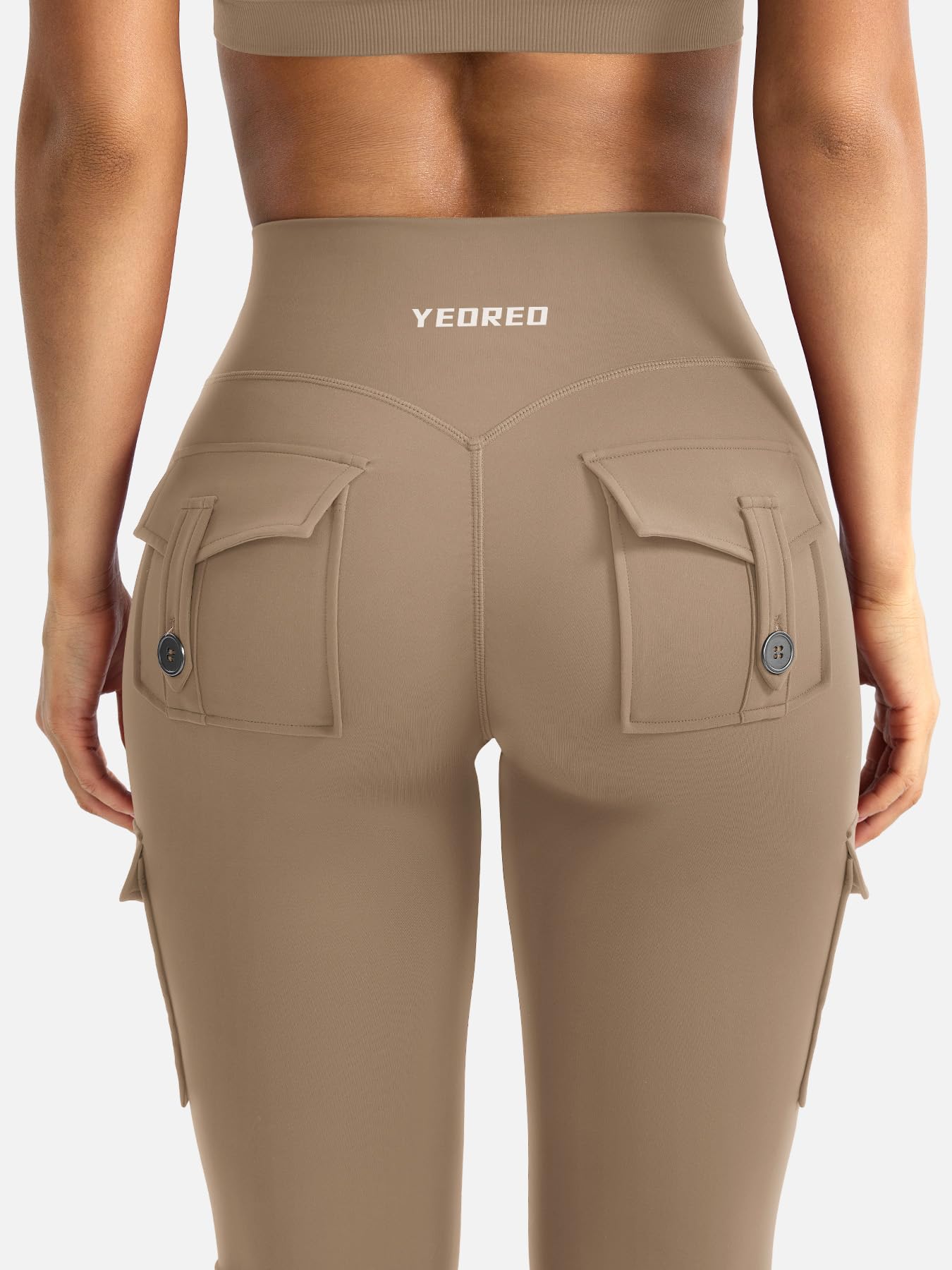 YEOREO CoreFlex Women Workout Flare Leggings with Pockets Hidden Scrunch High Waisted Cargo Gym Yoga Leggings Light Brown XXL