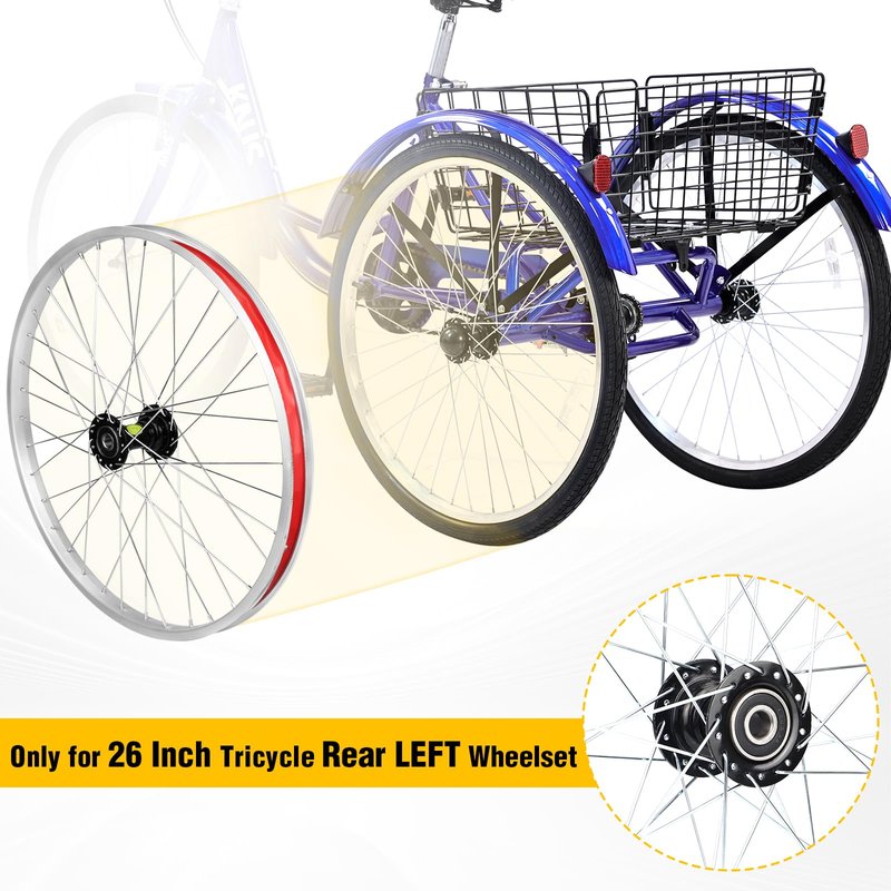 WEEROCK 26 Inch Adult Tricycle Wheelset, Single 26" Rear Left Wheelset Aluminium Alloy for 26 Inch 3 Wheel Bikes, Trikes