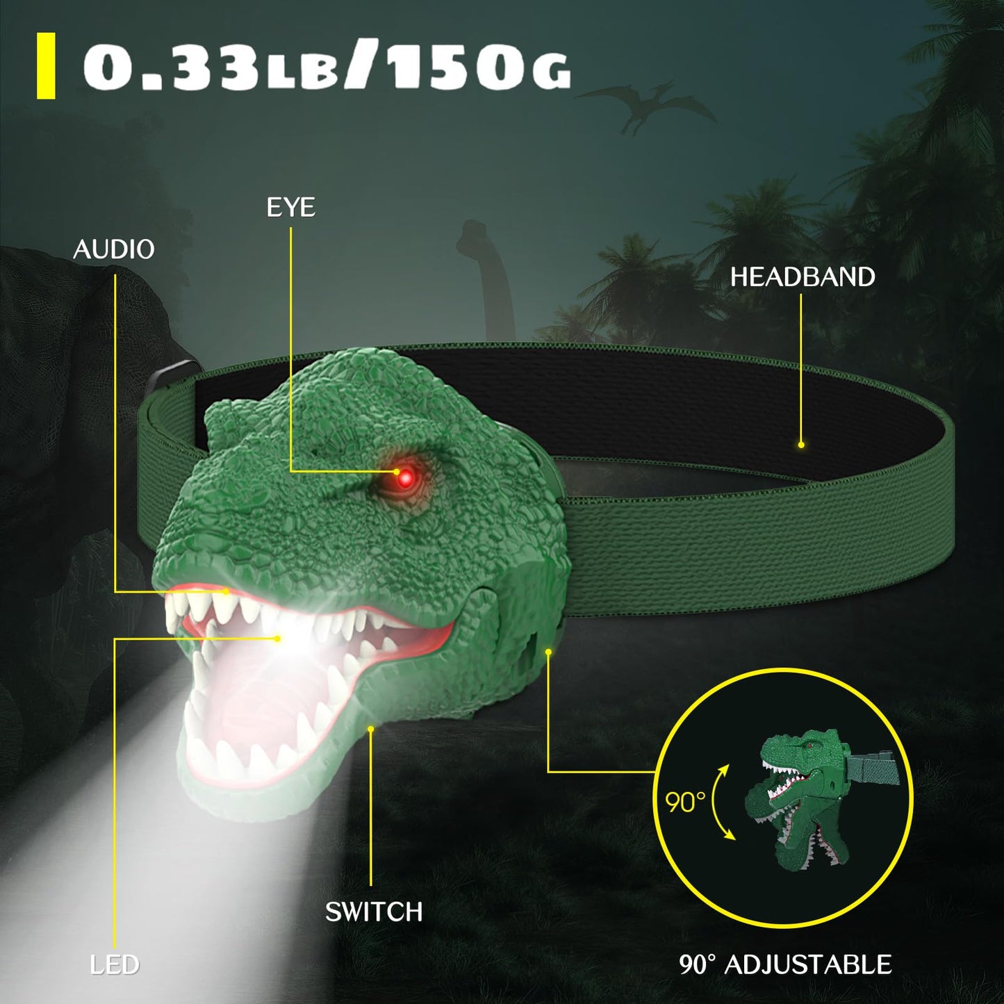 Dysaim Dinosaur Headlamp for Kids Flashlight Outdoor Camping Gear LED Reading Head lamp, Hiking Accessories Headlight for Kids or Adults, Dinosaur Toys HeadLamps Ideal Gift for Birthday, Xmas