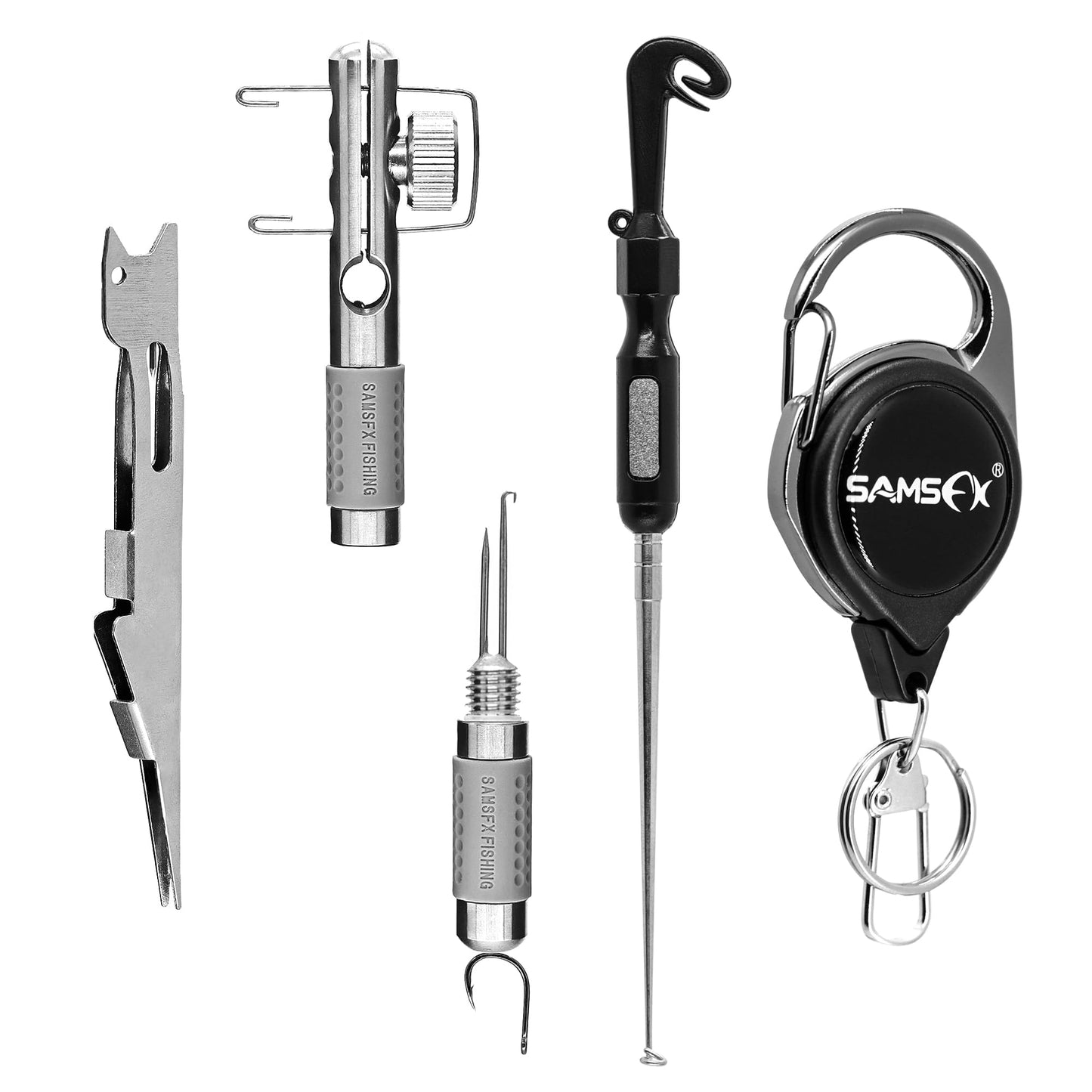 SAMSFX Fishing Stainless Steel Hook Tier, Knot Tying Tool, Loop Tyer, Hook Remover and Zinger Retractors Combo (Hook Tier with Black Grip)