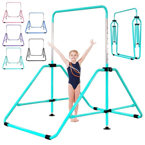 MARFULA Foldable Gymnastic Bar for Kids Ages 3-9, 9 Height Levels, 200 lbs Weight Capacity, 5 Ft Length Gymnastic Kip Bar with Mat, Gymnastic Equipment for Home and Gym Center Indoor Outdoor Use