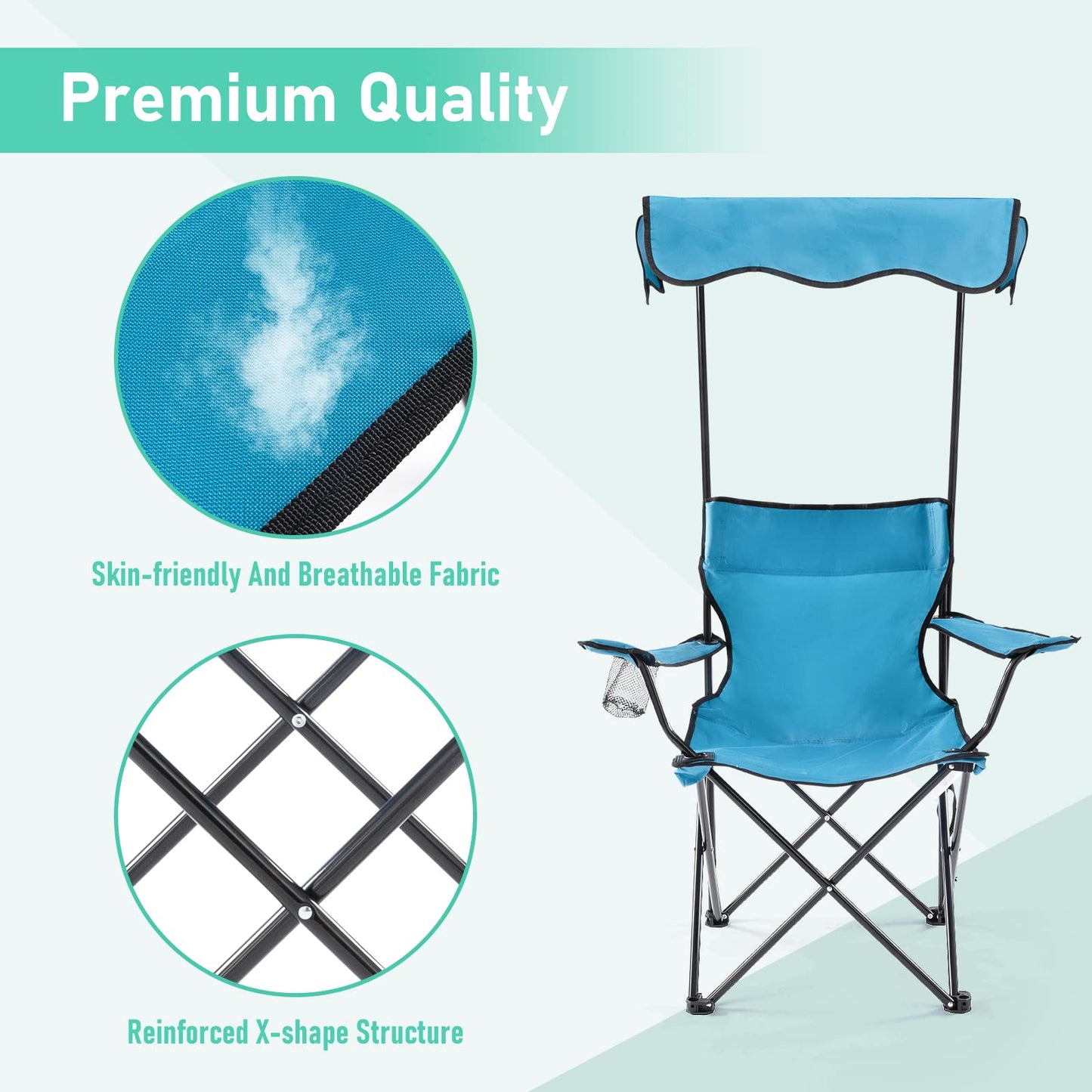 rotinyard Folding Camping Chair with Canopy Shade for Adults, Portable Beach Chairs with Umbrella Support 330 lbs, Heavy Duty Lawn Chair with Cup Holder for Outdoor Fishing Picnic Garden Sports Patio