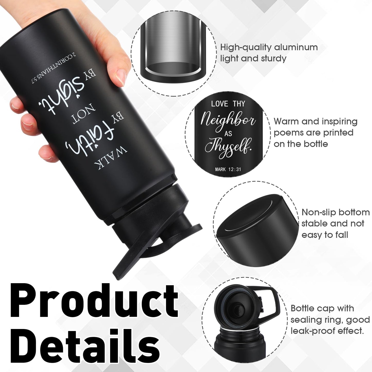 Skybooly 10 Pcs Christian Religious Aluminum Water Bottles Bulk 20oz Father's Day Bible Verse Leakproof Reusable Sport Bottle Gift for Church Men Teacher Nurse Gym Travel(Black,English)