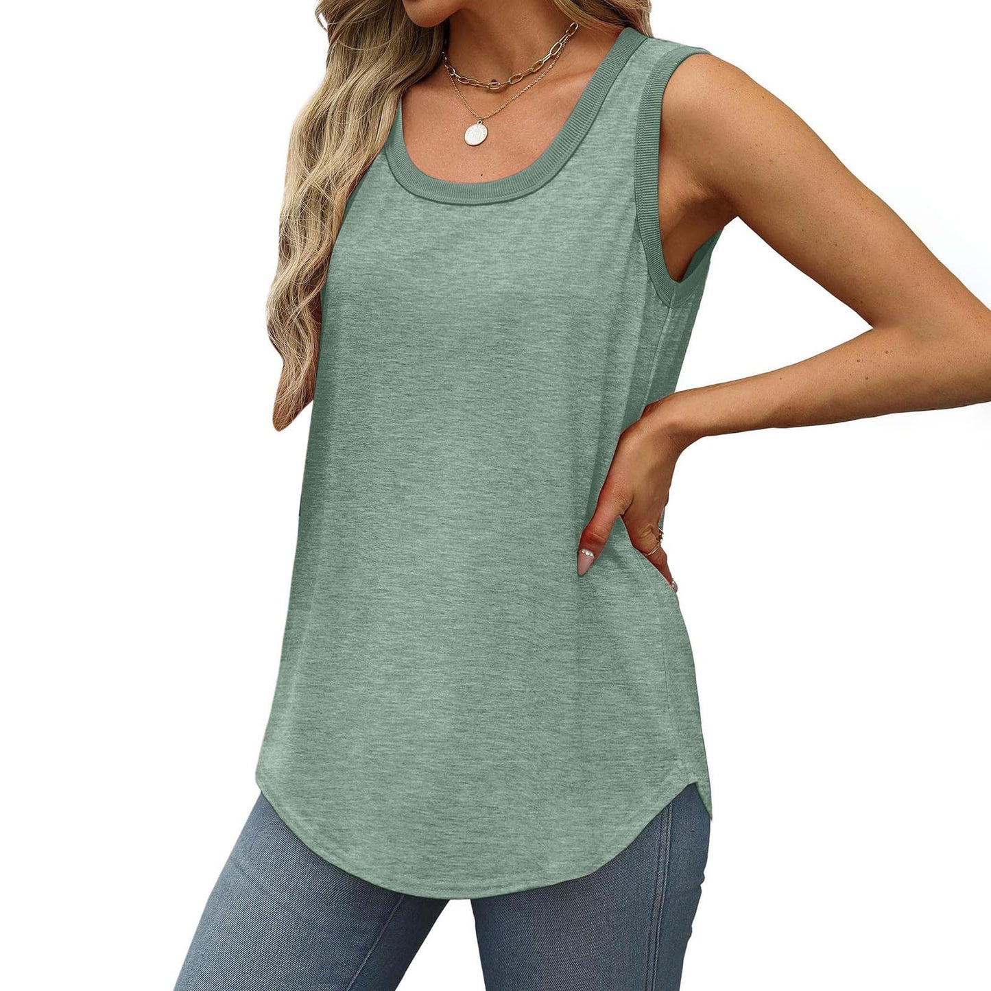 Borniu Womens Tank Tops Summer Loose Sleeveless Tops Scoop Neck Curved Hem Casual Flowy Shirt 2024 Outfits Clothes Army Green