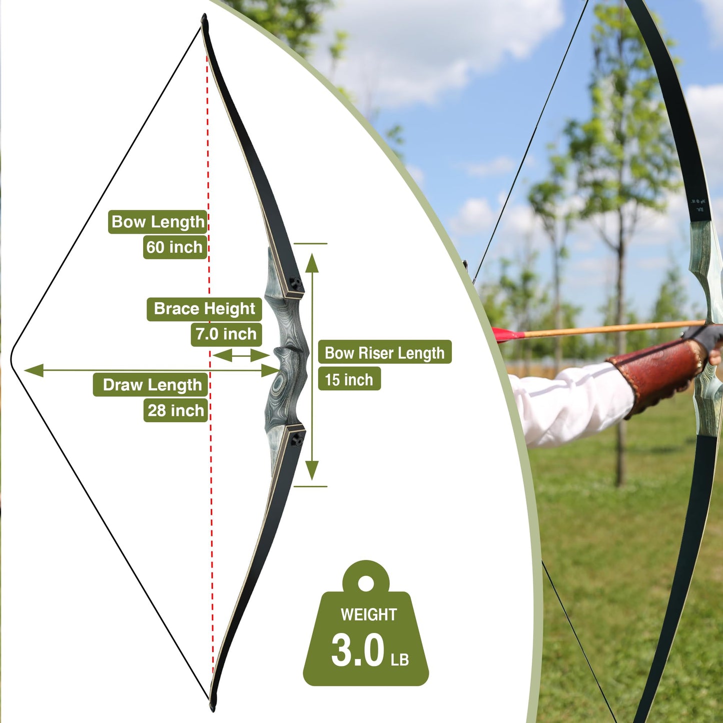 Black Hunter Takedown Longbow, GLURAK 60" Wooden Archery Bow Hunting Bow - Right Hand Long Bows for Beginner Training Practice, 25lb
