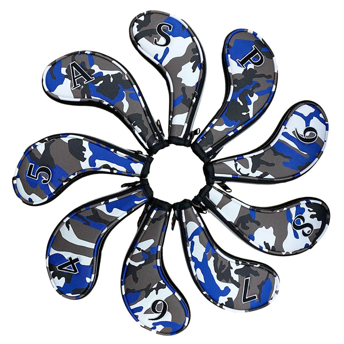 9pcs PU Leather Camouflage Blue Zipper Long Neck Design Golf Iron Headcovers Both Side Number Golf Iron Club Head Cover LH RH Covers #4-9,P,S,A