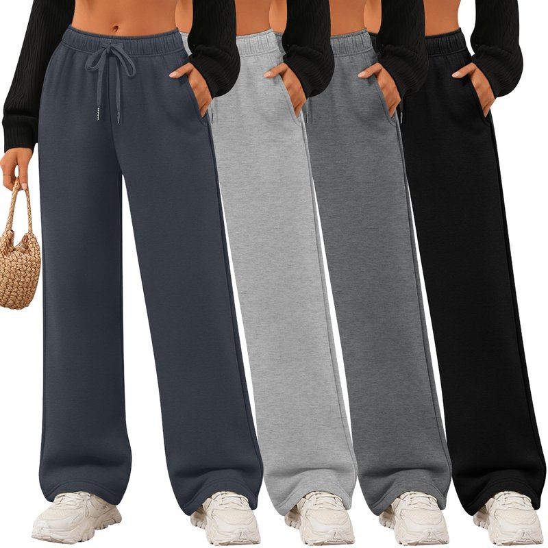 Velvelhall 4 Pack Women's Wide Leg Sweatpants Drawstring Lounge Joggers for Women Straight Pants Elastic Waist with Pockets(Gray, Light Gray, Dark Gray, Black,Medium)