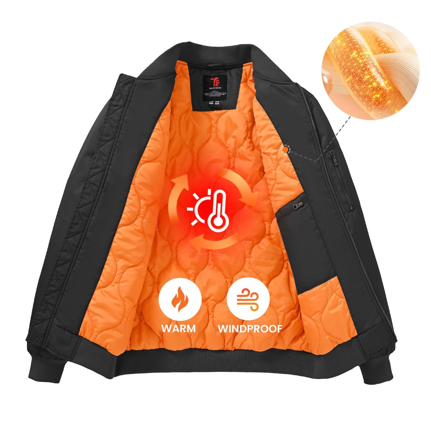Gopune Men's Bomber Jacket Casual Fall Winter Warm Jacket Full Zip Padded Coats Outwear Black,L