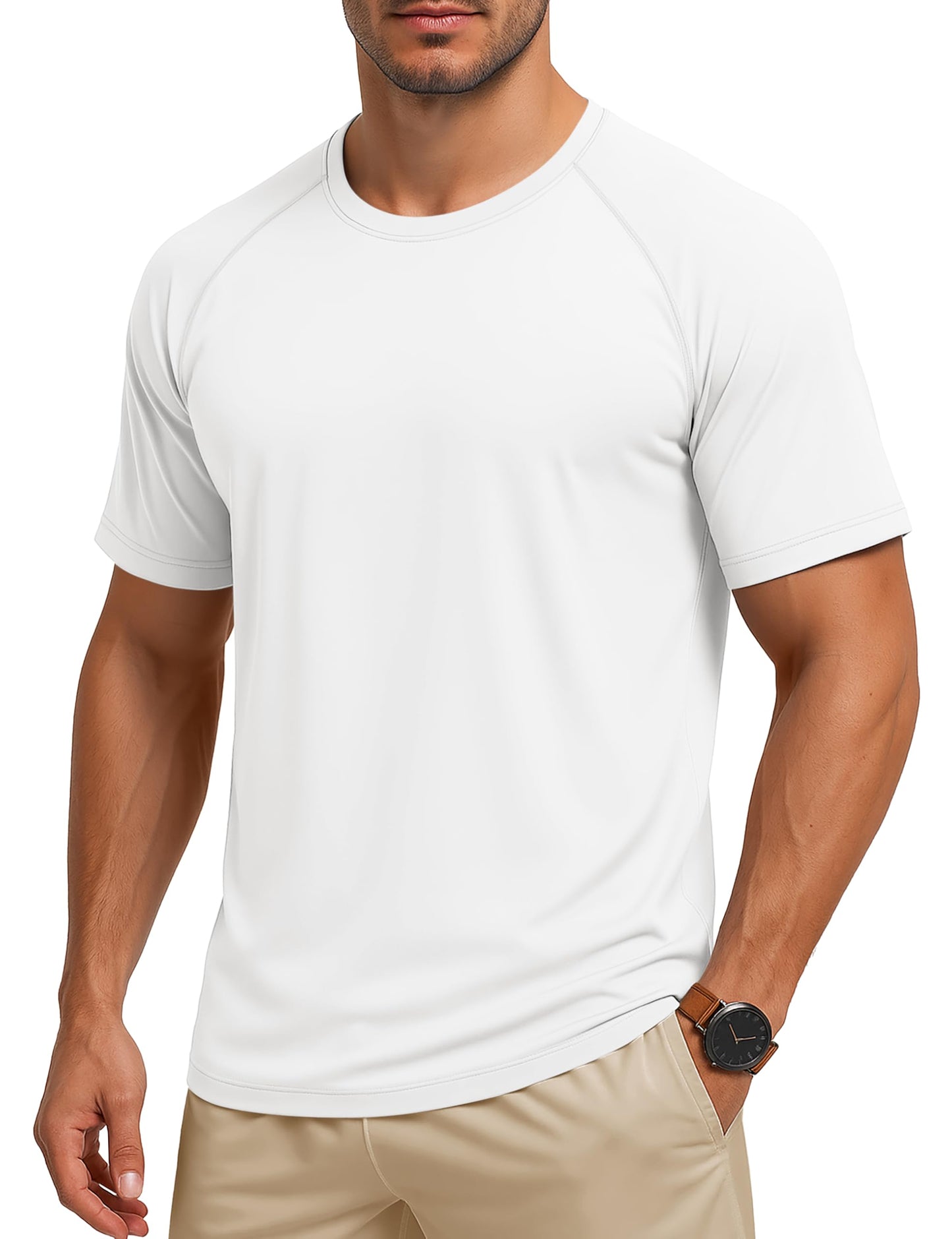 MAGCOMSEN Mens UPF 80+ Sun Shirts Short Sleeve Swim Rash Guard Moisture Wicking Quick Dry Shirt for Running White, L