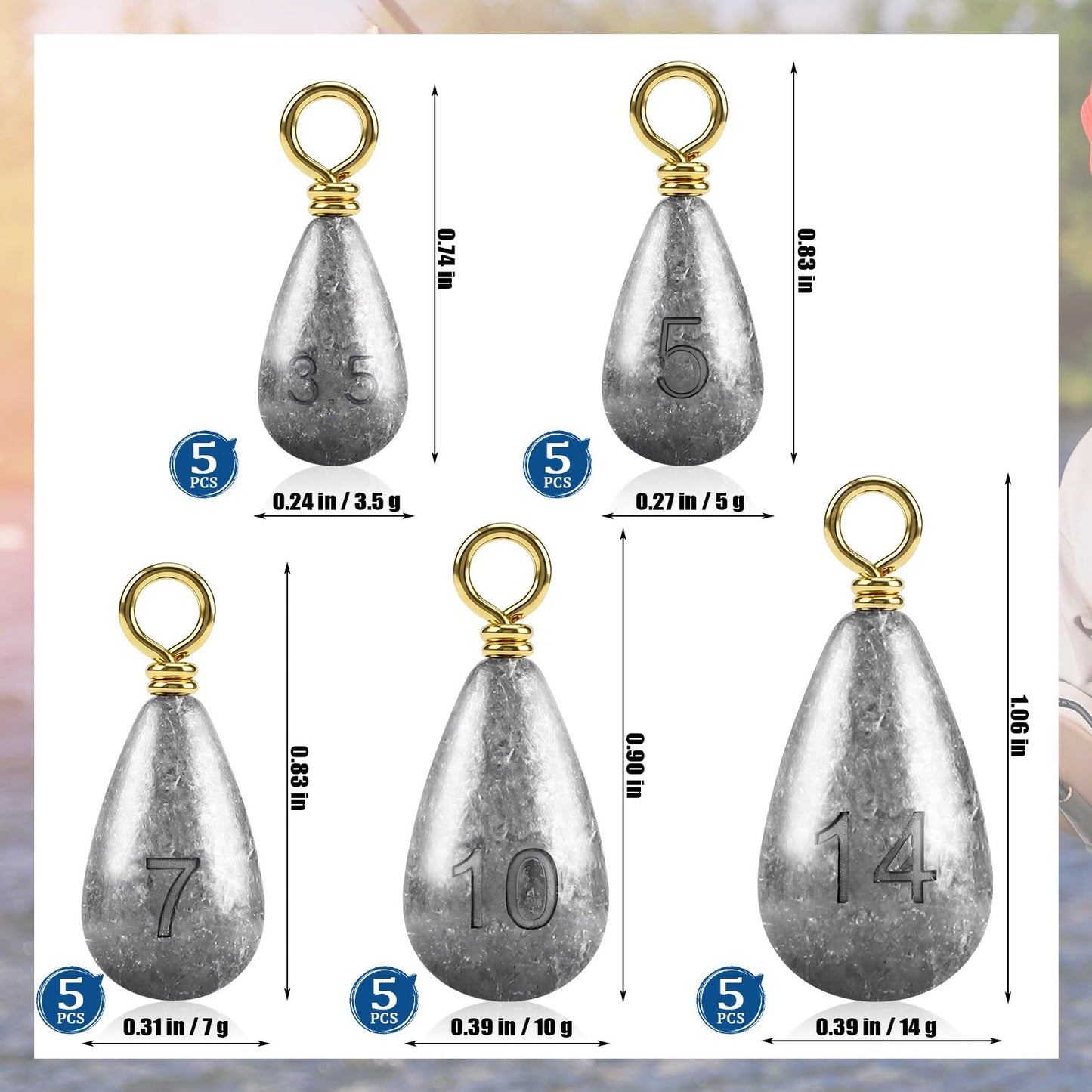 25 PCS Fishing Weights Sinkers for Fishing 5 Sizes Drop Shot Weights