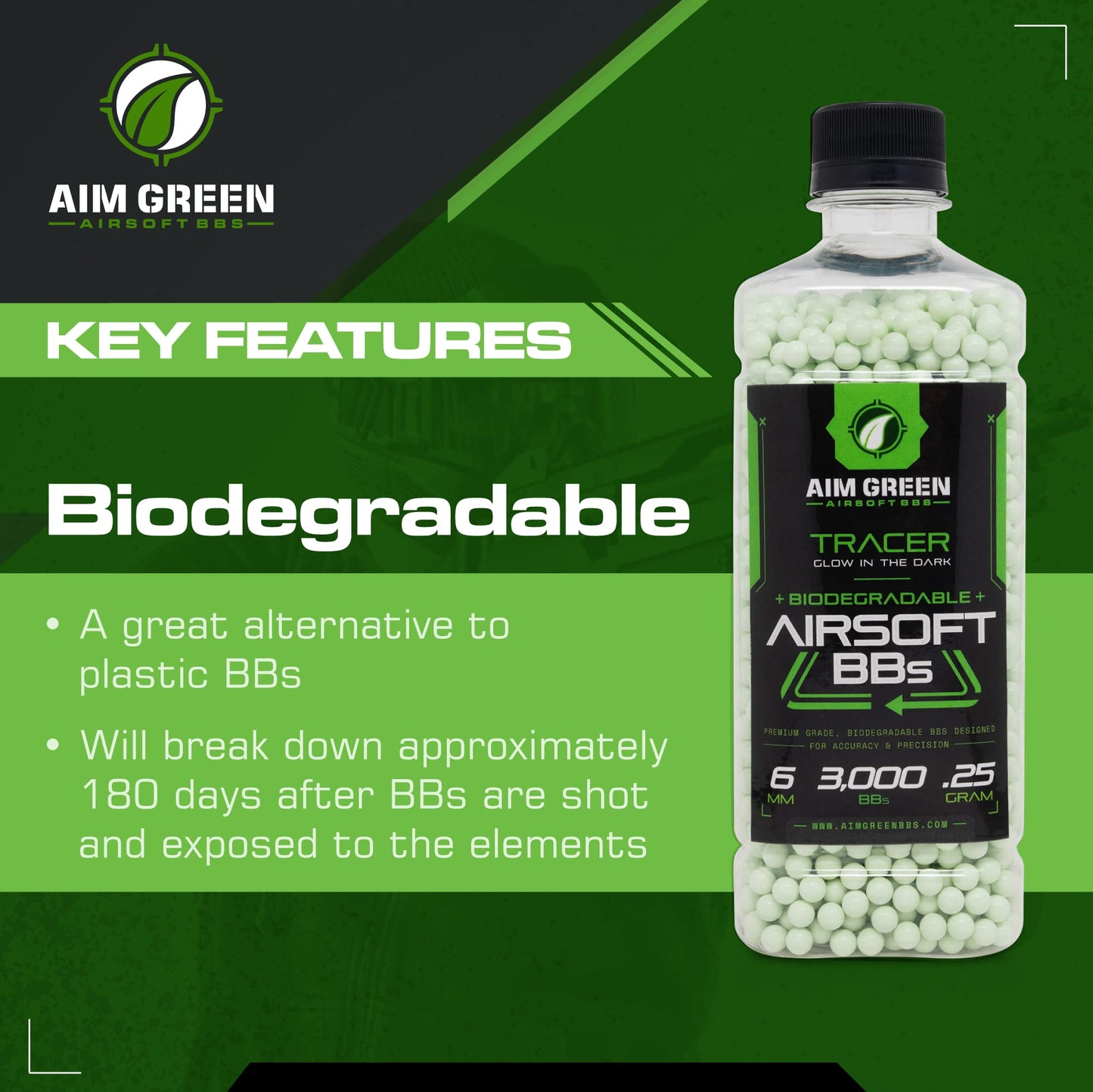 Aim Green Tracer Biodegradable Airsoft BBS, Glow-in-The-Dark BBS, 3,000 Count, .25 Grams