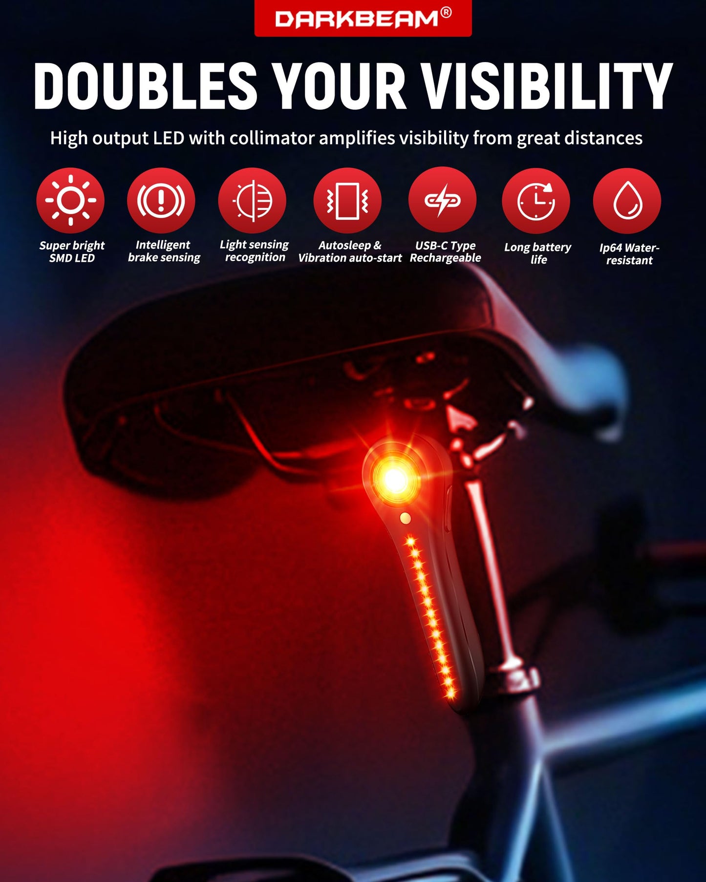 DARKBEAM Bike Tail Light Smart - with Brake/Light Sensor, USB-C Rechargeable, IP64 Waterproof, 5 Light Modes Bicycle Taillight for Night Riding, Super Bright Rear Bike Light for Road Mountain, Cycling