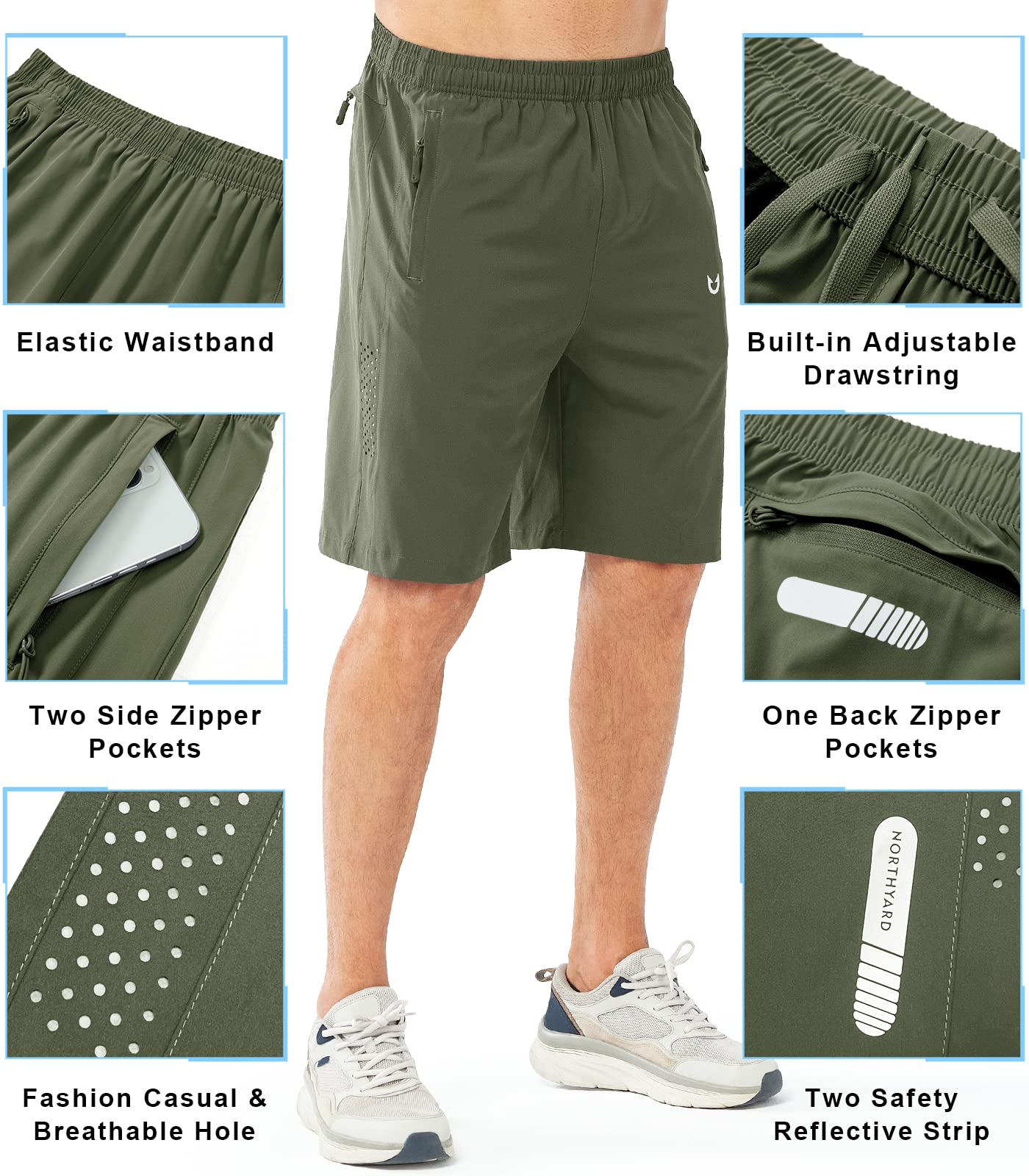 NORTHYARD Men's Athletic Running Shorts Gym Workout 7"/9"/5" Quick Dry Lightweight Sports Basketball Tennis 3 Zipper Pockets ARMYGREEN-9inch L