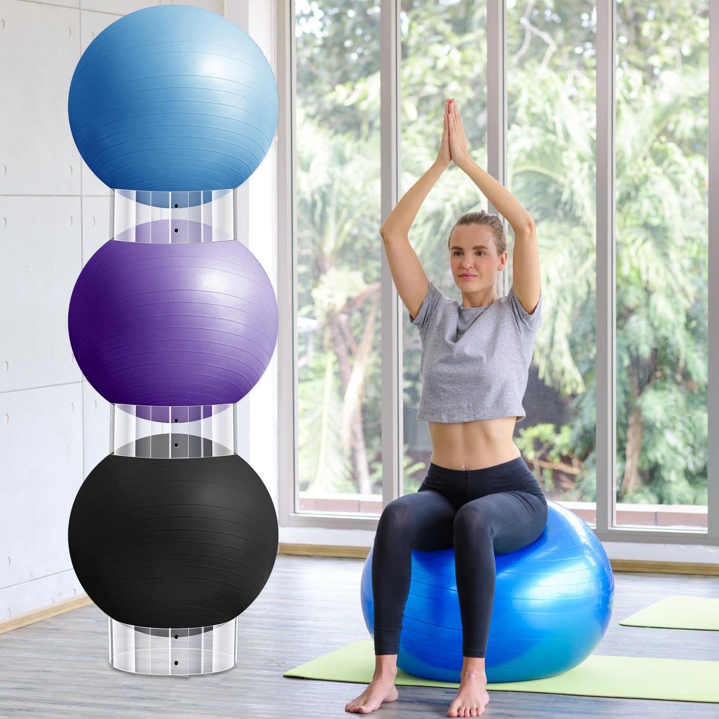 Wenqik 3 Pcs Exercise Stability Ball Display Holder 14.5 Inch Plastic Yoga Ball Holder Medicine Ball Rack Exercise Ball Base Therapy Ball Carrier Stand Stability Ball Storage Stackers (Clear)