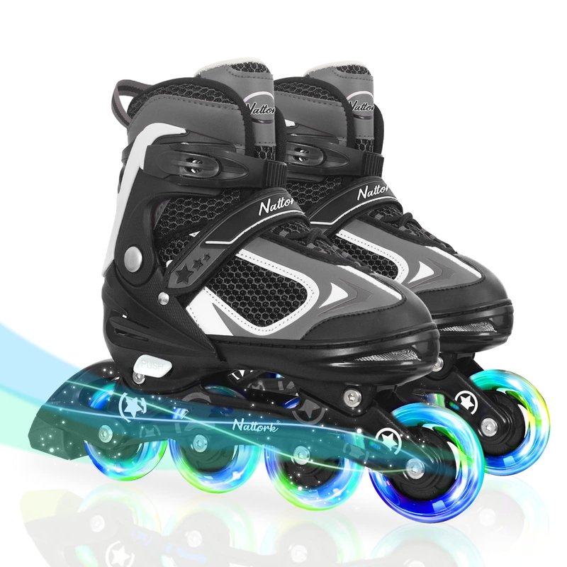 MonSports Adjustable Inline Skates for Kids,Black Blade Roller Skates with Light-up Wheels for Beginner Boys,Girls and Youth Size S(US10-13c)