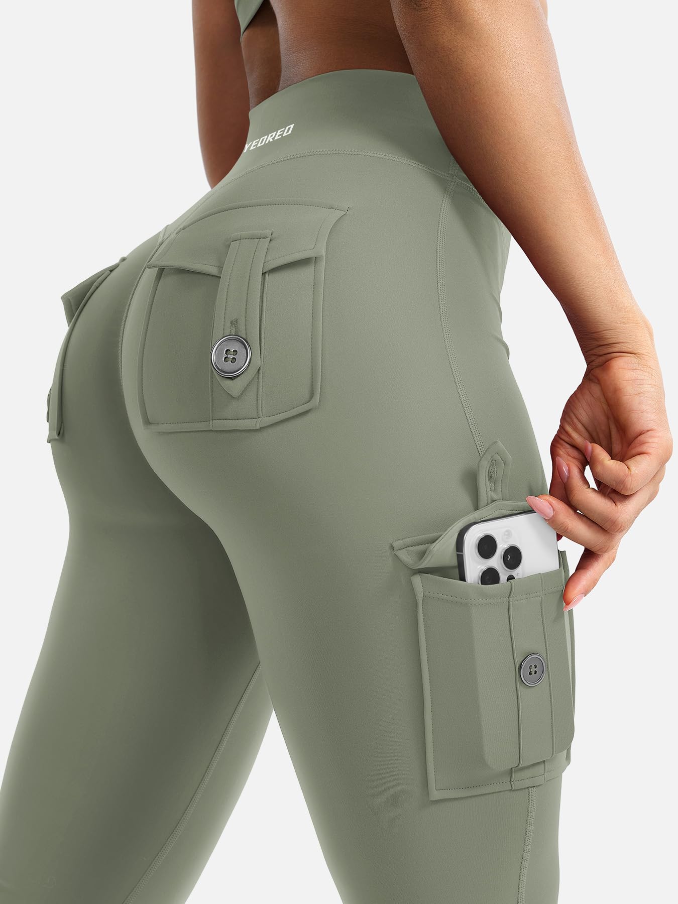 YEOREO CoreFlex Women Workout Flare Leggings with Pockets Hidden Scrunch High Waisted Cargo Gym Yoga Leggings Light Army Green M