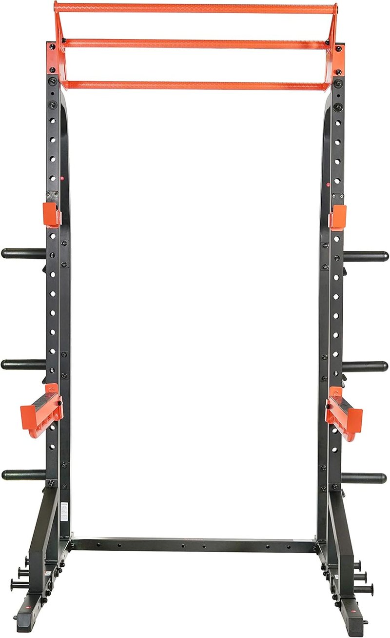 Sunny Health & Fitness Power Zone Half Rack | Heavy-Duty Performance Power Cage with Adjustable Pull-Up Bar & LAT Pull Down Attachment